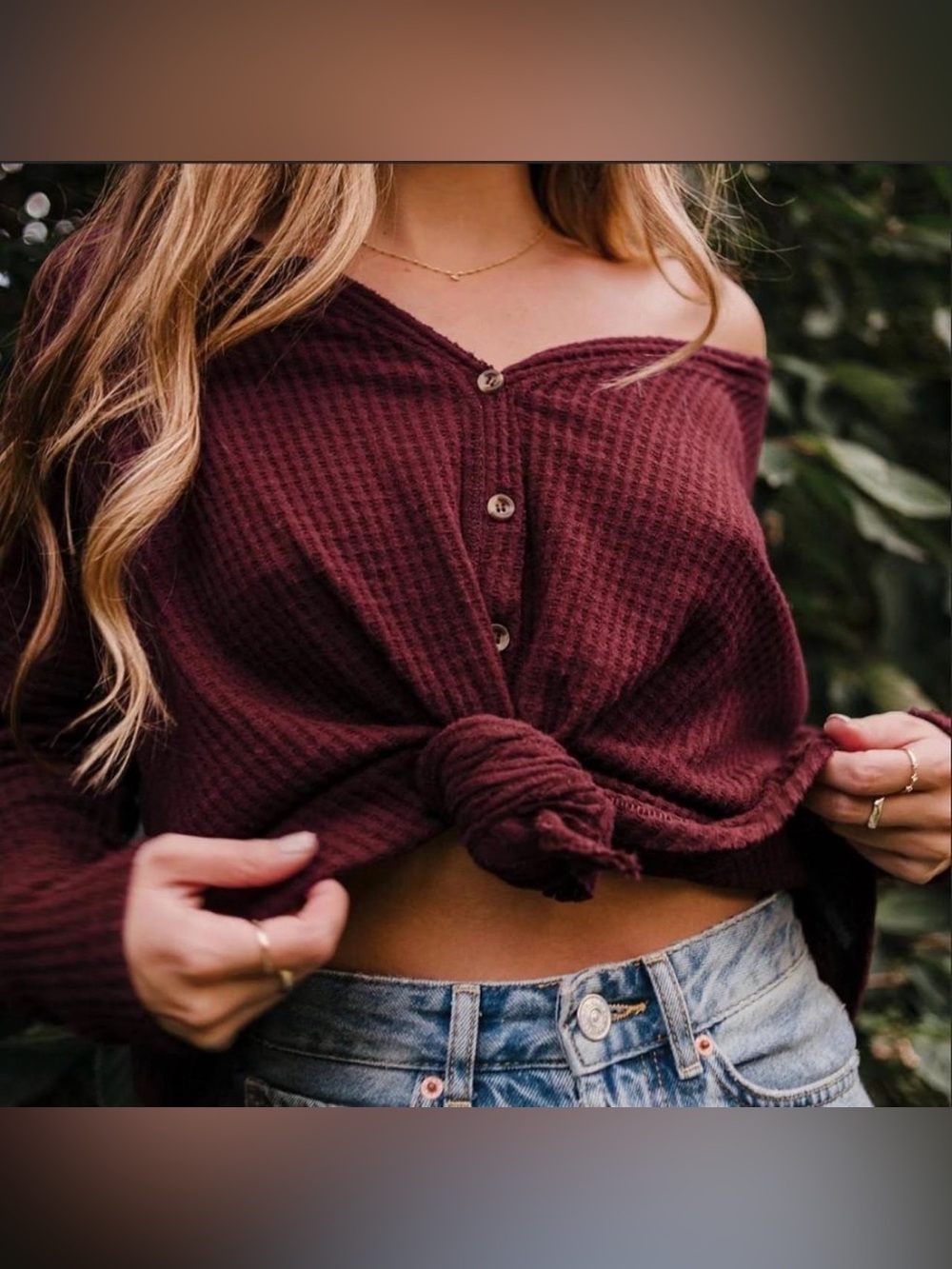 Urban Outfitters Out From Under Jojo Oversized Thermal Button-Front Top Burgundy